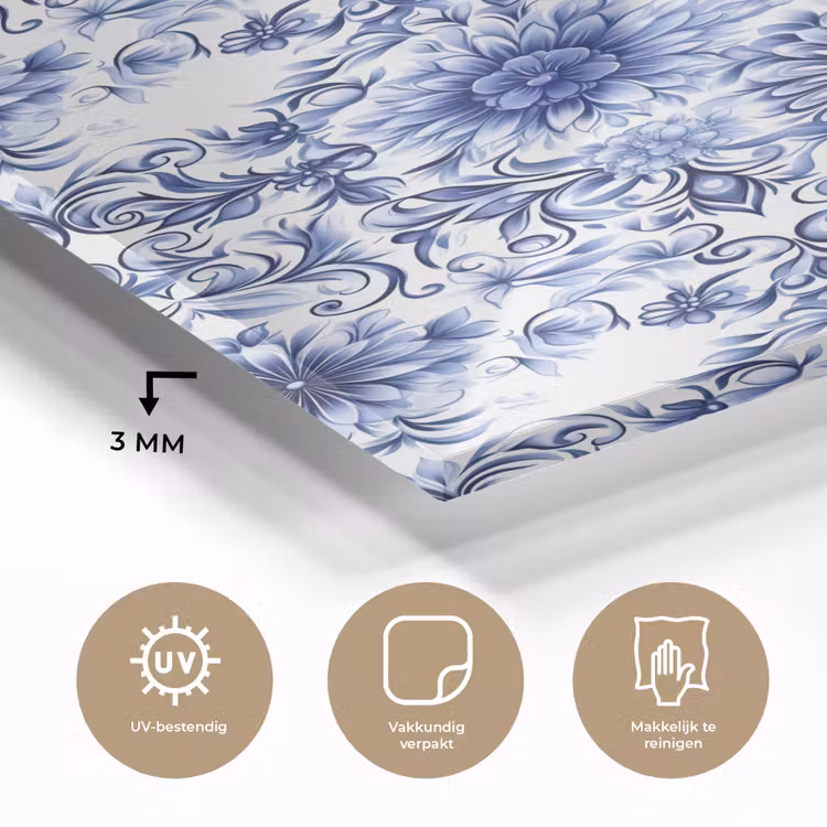 Glas schilderij - Bloemen - Blauw - Patroon - Wit — 3