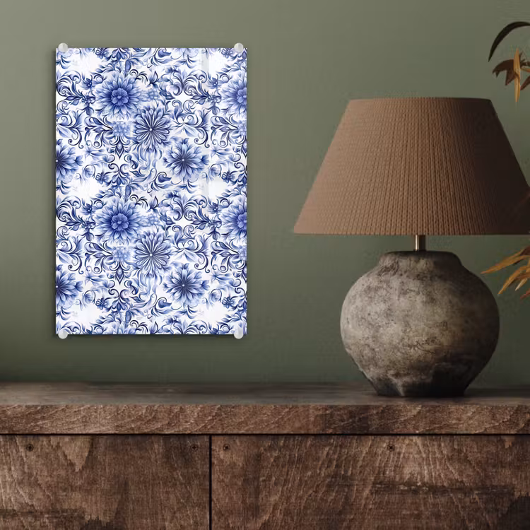 Glas schilderij - Bloemen - Blauw - Patroon - Wit — 4