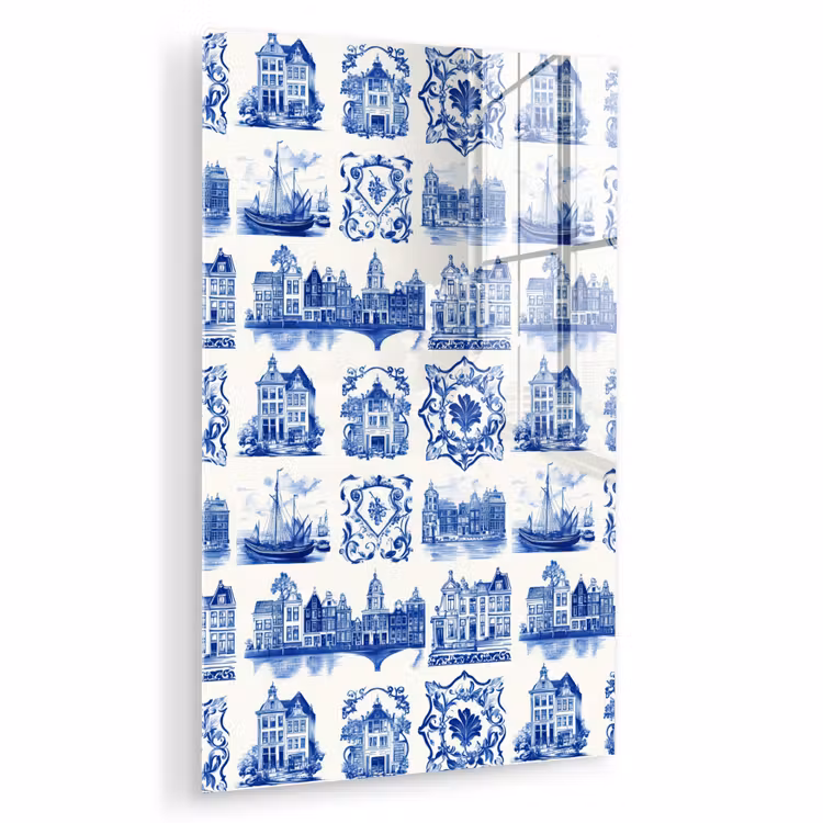 Glas schilderij - Huizen - Schepen - Blauw — 1