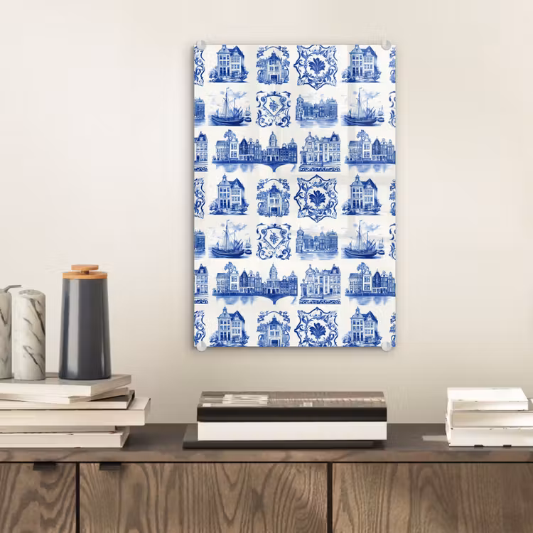 Glas schilderij - Huizen - Schepen - Blauw — 2