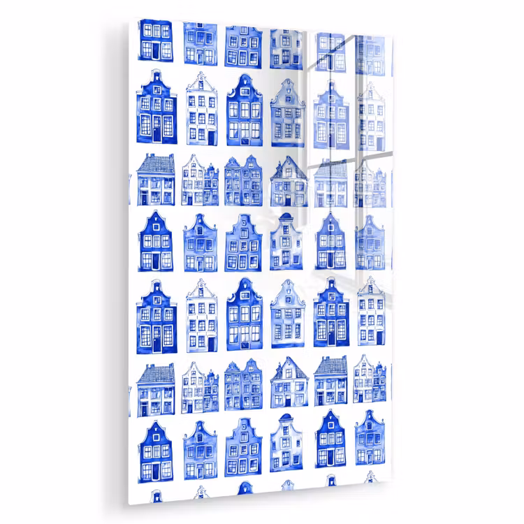 Glas schilderij - Patroon - Huizen - Blauw — 1