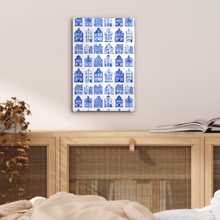 Glas schilderij - Patroon - Huizen - Blauw — 5
