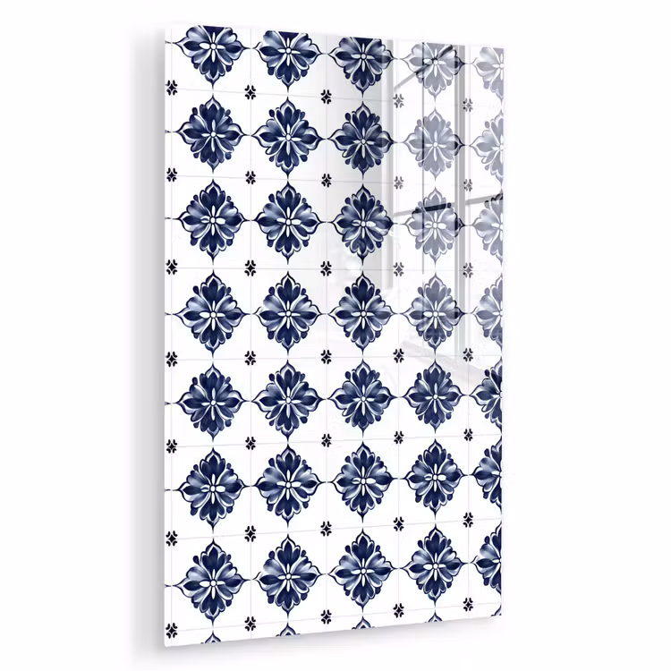 Glas schilderij - Tegelmotief - Blauw - Wit - Bloem — 1