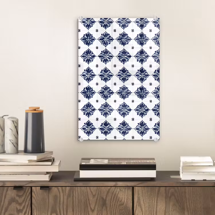 Glas schilderij - Tegelmotief - Blauw - Wit - Bloem — 2
