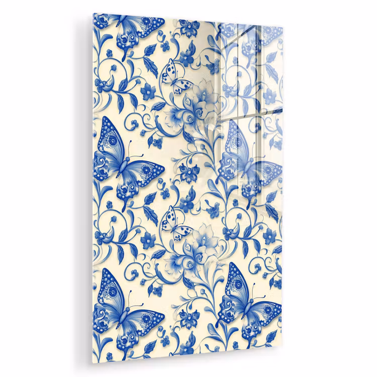 Glas schilderij - Vlinders - Bloemen - Blauw - Botanisch — 1
