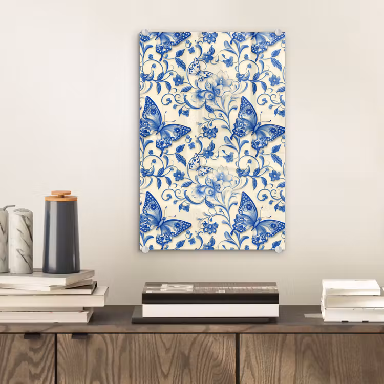 Glas schilderij - Vlinders - Bloemen - Blauw - Botanisch — 2