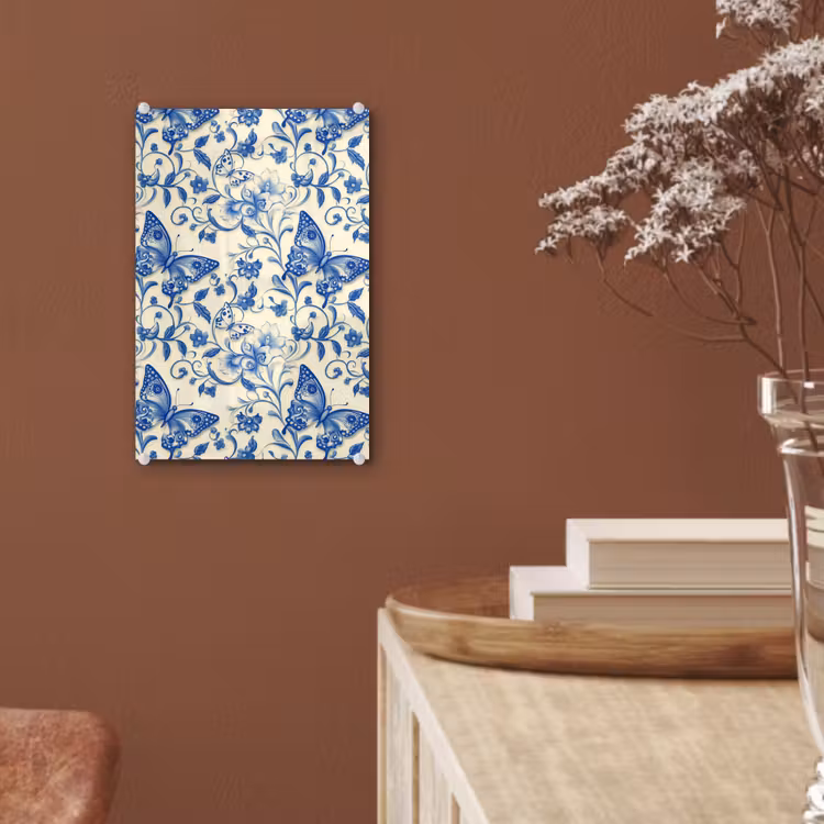 Glas schilderij - Vlinders - Bloemen - Blauw - Botanisch — 6