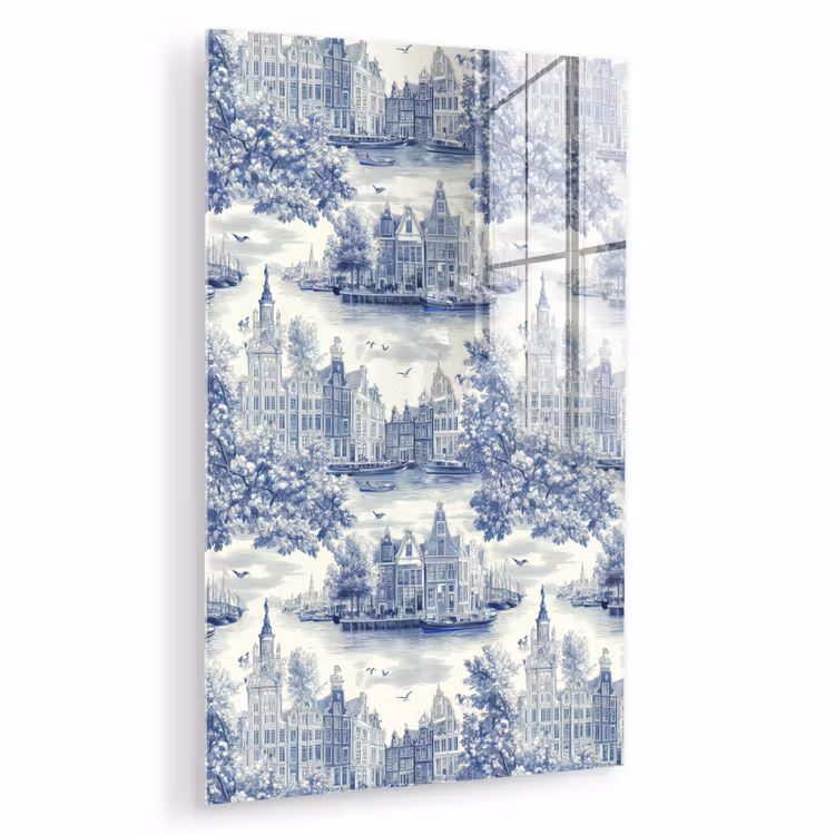 Glas schilderij - Huizen - Bomen - Water - Vogels - Blauw — 1
