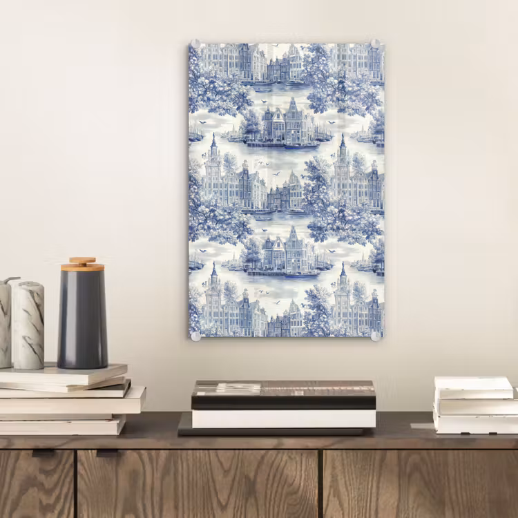 Glas schilderij - Huizen - Bomen - Water - Vogels - Blauw — 2