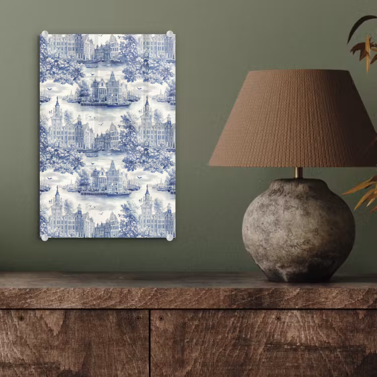Glas schilderij - Huizen - Bomen - Water - Vogels - Blauw — 4