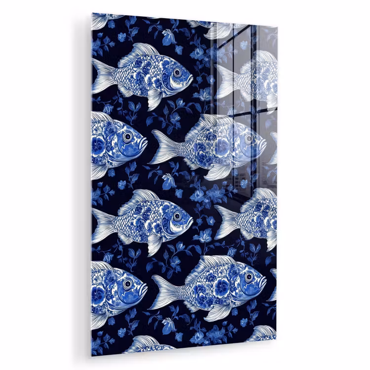 Glas schilderij - Vissen - Bloemen - Blauw — 1