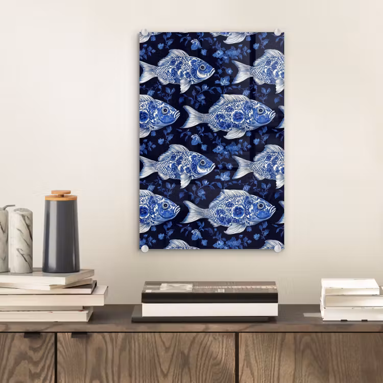 Glas schilderij - Vissen - Bloemen - Blauw — 2