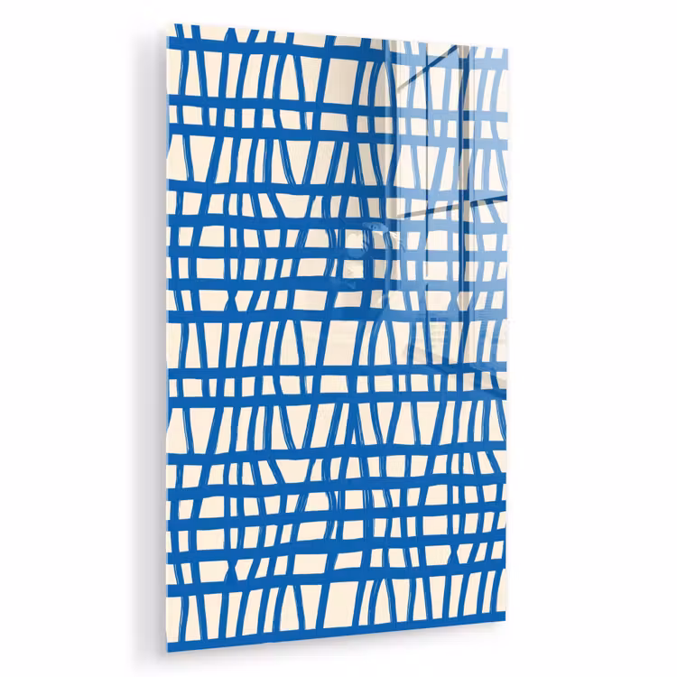 Glas schilderij - Ruitpatroon - Blauw - Crème — 1
