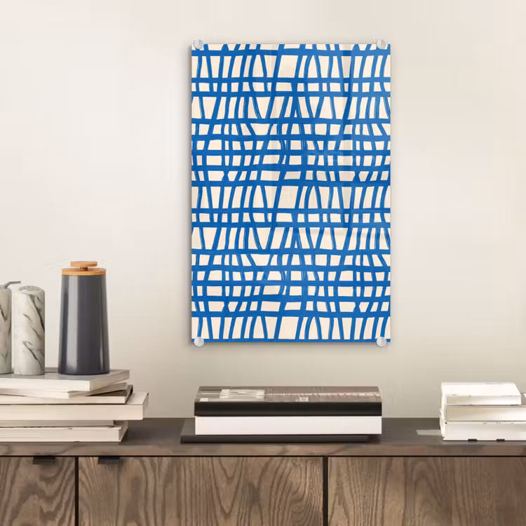 Glas schilderij - Ruitpatroon - Blauw - Crème — 2