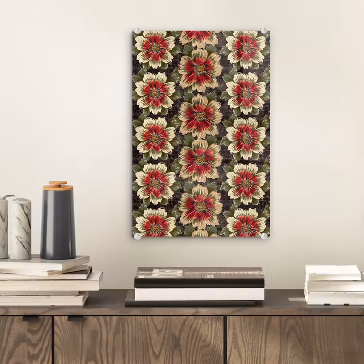 Glas schilderij - Bloemen - Klassiek - Patroon - Rood — 2