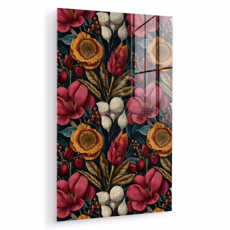 Glas schilderij - Bloemen - Patroon - Rood - Goud — 1