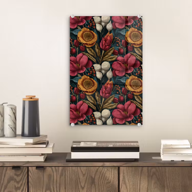 Glas schilderij - Bloemen - Patroon - Rood - Goud — 2