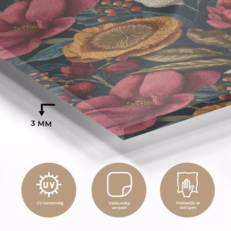 Glas schilderij - Bloemen - Patroon - Rood - Goud — 3