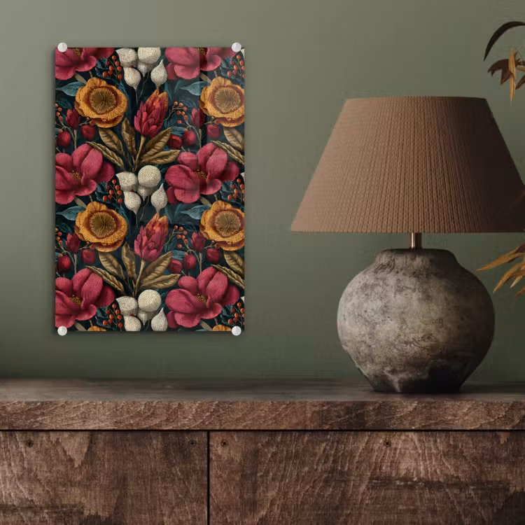 Glas schilderij - Bloemen - Patroon - Rood - Goud — 4