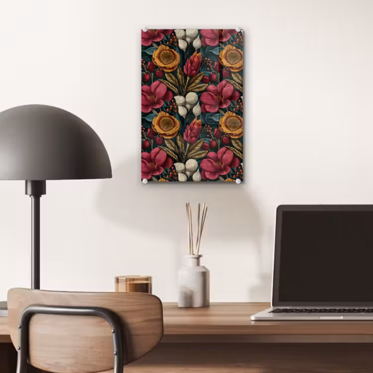 Glas schilderij - Bloemen - Patroon - Rood - Goud — 7