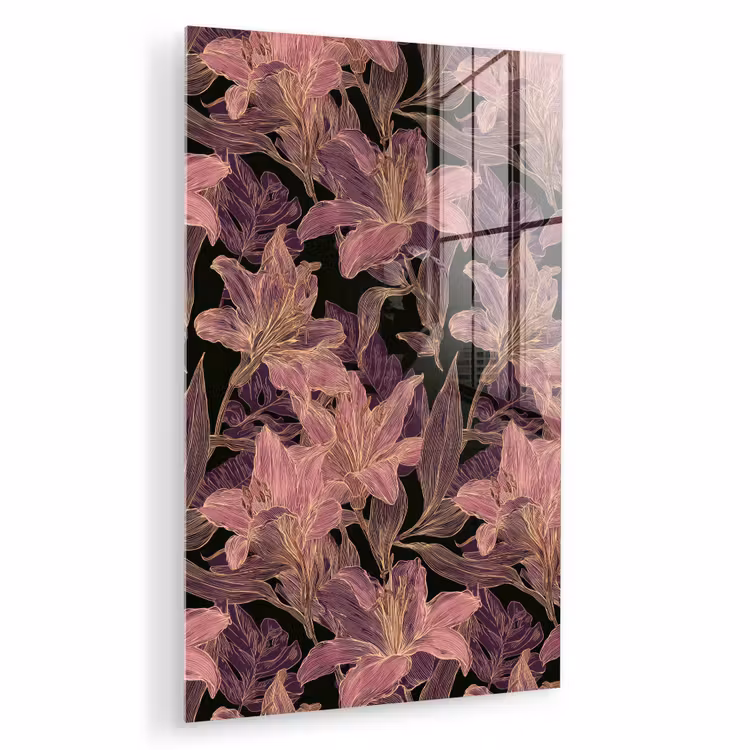 Glas schilderij - Lelies - Patroon - Paars - Goud — 1