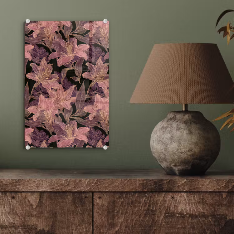 Glas schilderij - Lelies - Patroon - Paars - Goud — 4