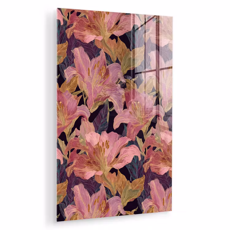 Glas schilderij - Lelies - Patroon - Roze - Goud — 1