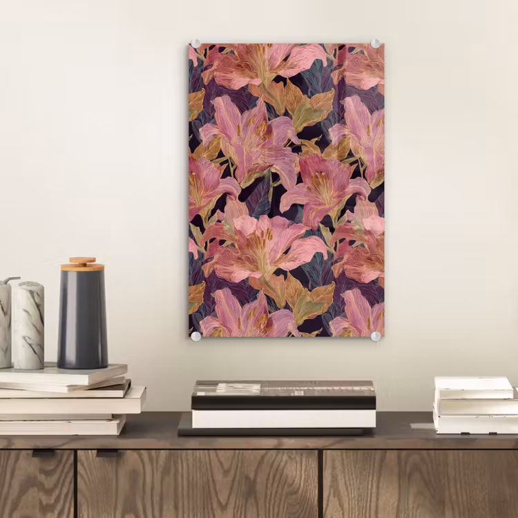 Glas schilderij - Lelies - Patroon - Roze - Goud — 2
