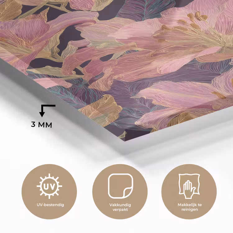 Glas schilderij - Lelies - Patroon - Roze - Goud — 3