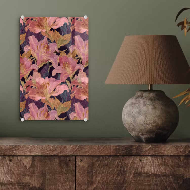 Glas schilderij - Lelies - Patroon - Roze - Goud — 4