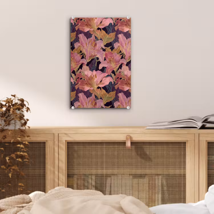 Glas schilderij - Lelies - Patroon - Roze - Goud — 5
