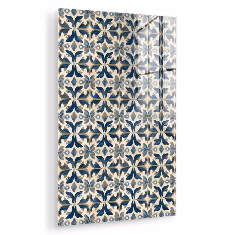 Glas schilderij - Tegel - Patroon - Blauw - Beige — 1