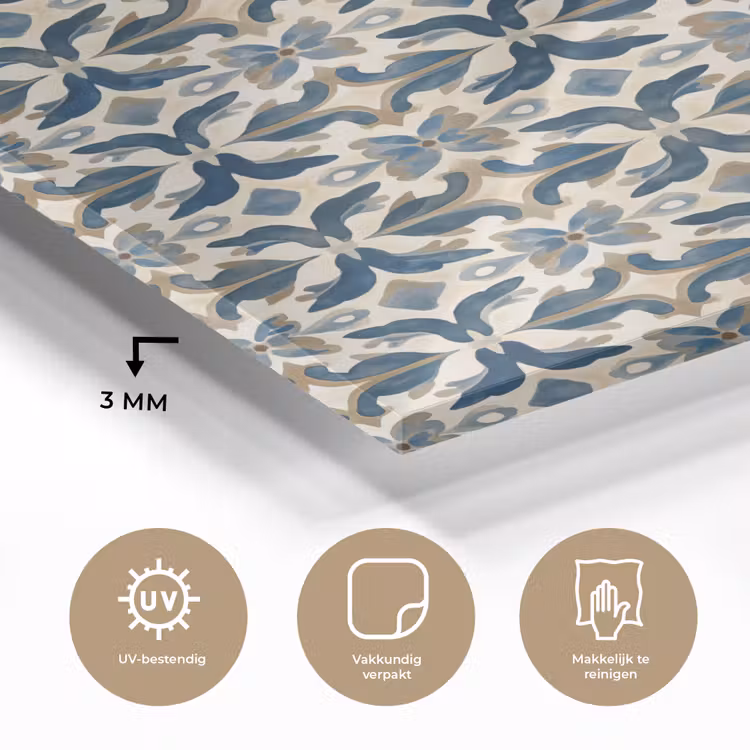 Glas schilderij - Tegel - Patroon - Blauw - Beige — 3