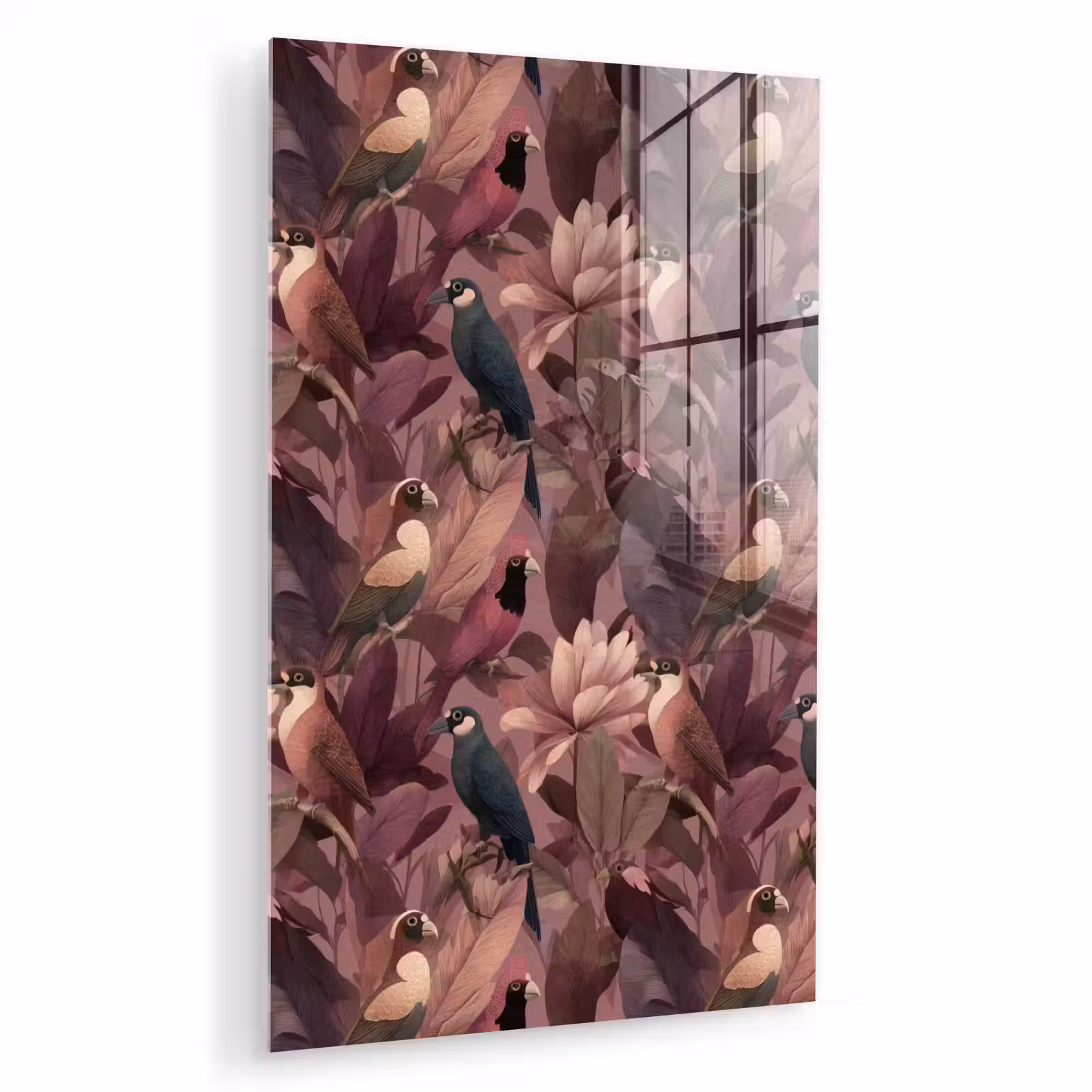 Glas schilderij - Vogels - Bladeren - Roze — 1