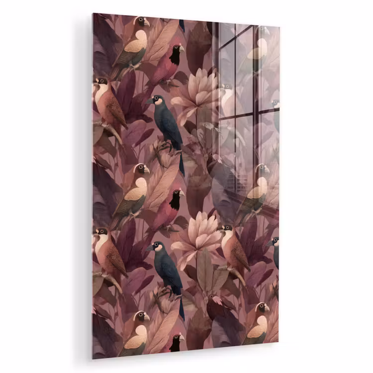 Glas schilderij - Vogels - Bladeren - Roze — 1