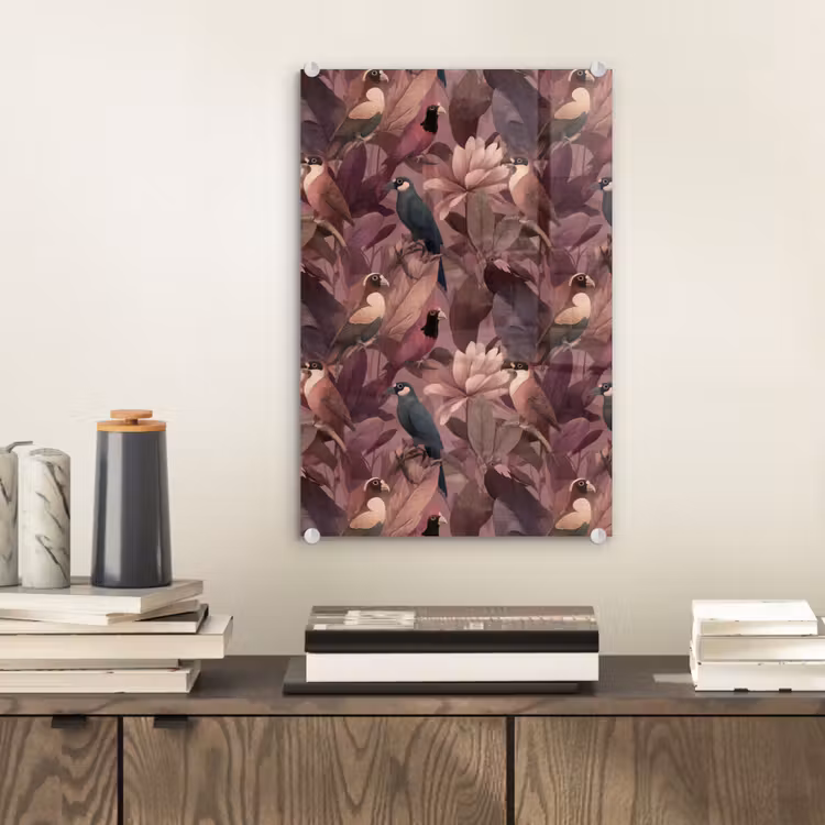 Glas schilderij - Vogels - Bladeren - Roze — 2