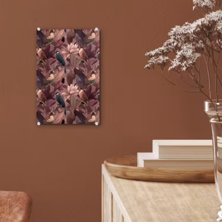 Glas schilderij - Vogels - Bladeren - Roze — 6