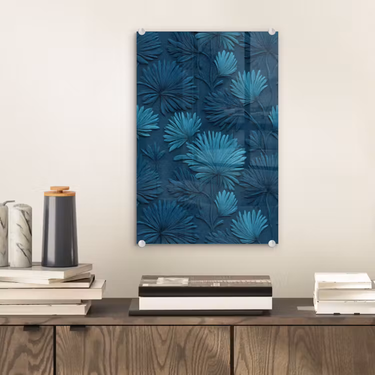 Glas schilderij - Bladeren - Reliëf - Patroon - Oceaanblauw - Modern — 2