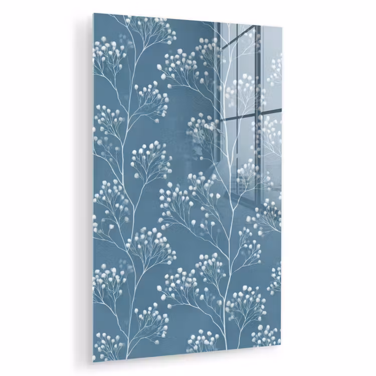 Glas schilderij - Takken - Bessen - Patroon - Lichtblauw — 1
