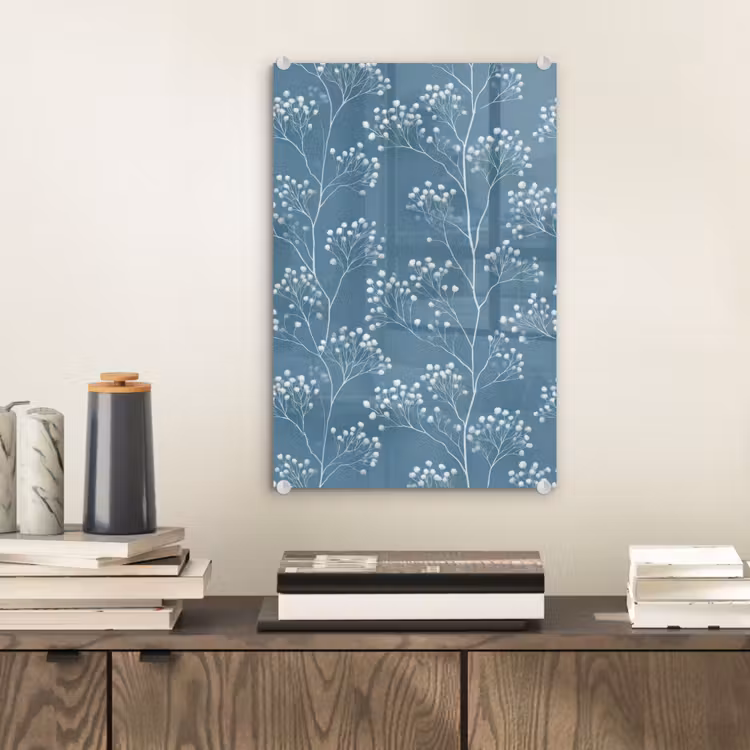 Glas schilderij - Takken - Bessen - Patroon - Lichtblauw — 2