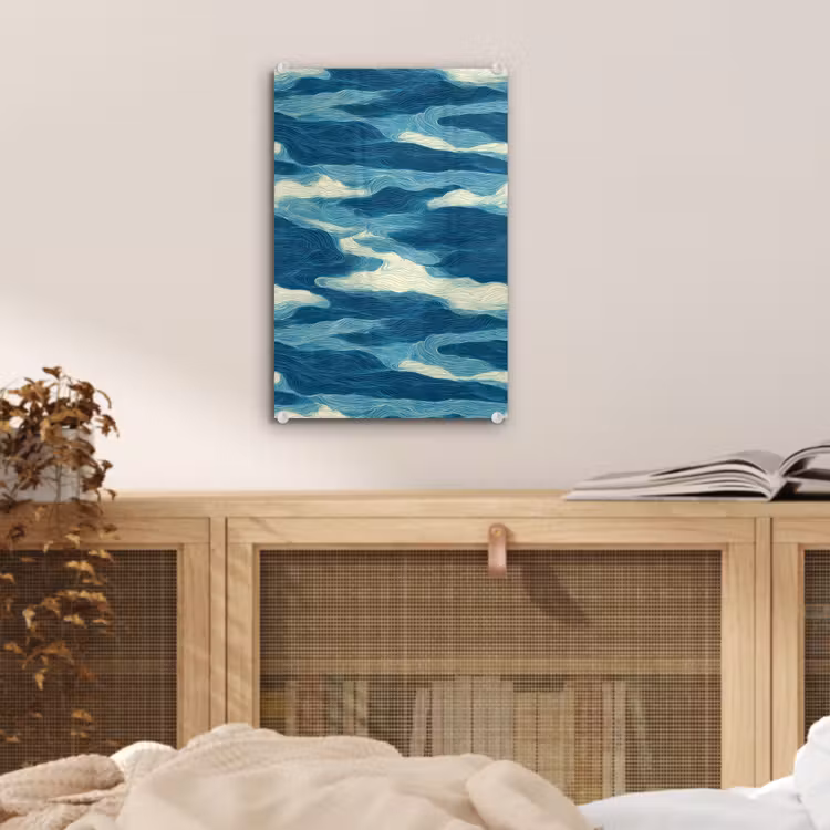 Glas schilderij - Golven - Abstract - Patroon - Blauw - Wit — 5