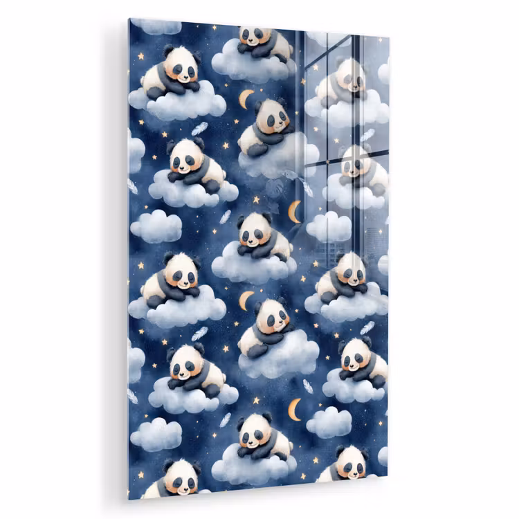 Glas schilderij - Panda's - Slapen - Blauw — 1