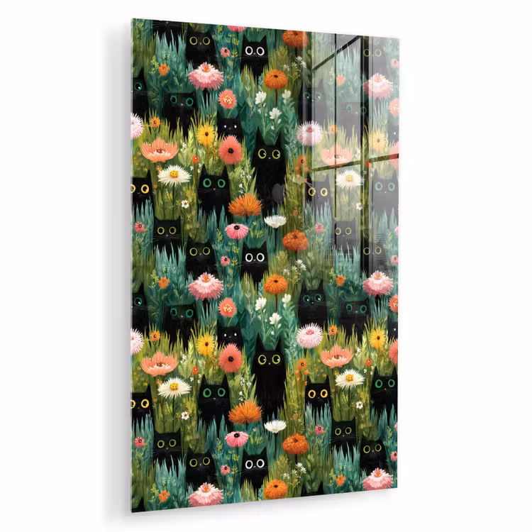 Glas schilderij - Katten - Bloemen - Kleurrijk — 1