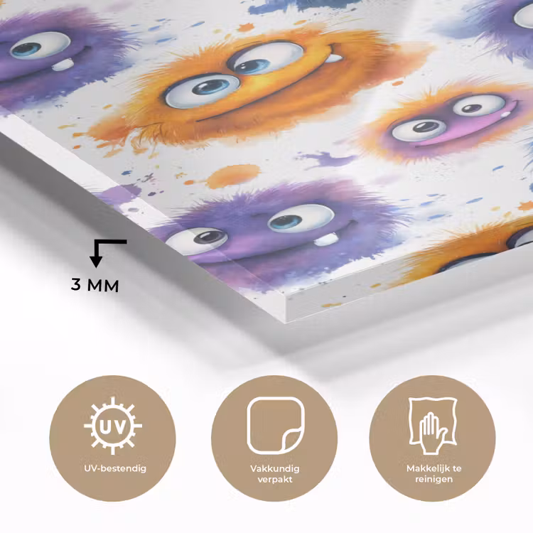 Glas schilderij - Monstertjes - Aquarel - Kleurrijk — 3