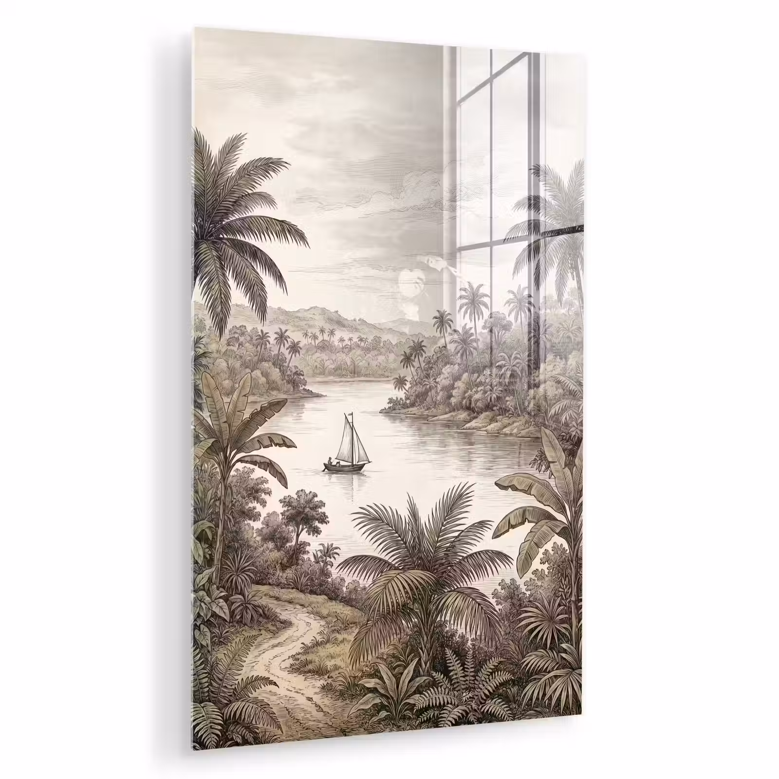 Glas schilderij - Landschap - Rivier - Boot - Tropisch - Vintage — 1