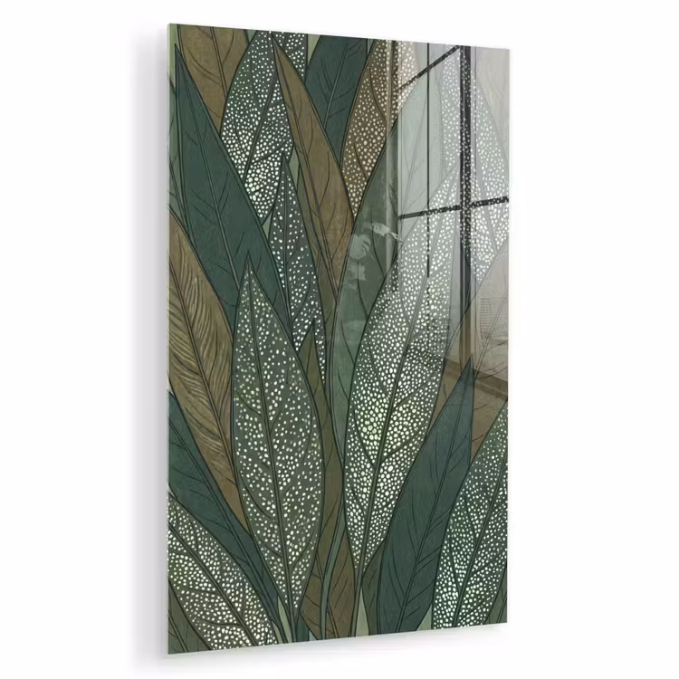 Glas schilderij - Bladeren - Patroon - Gestippeld - Natuur - Groen — 1