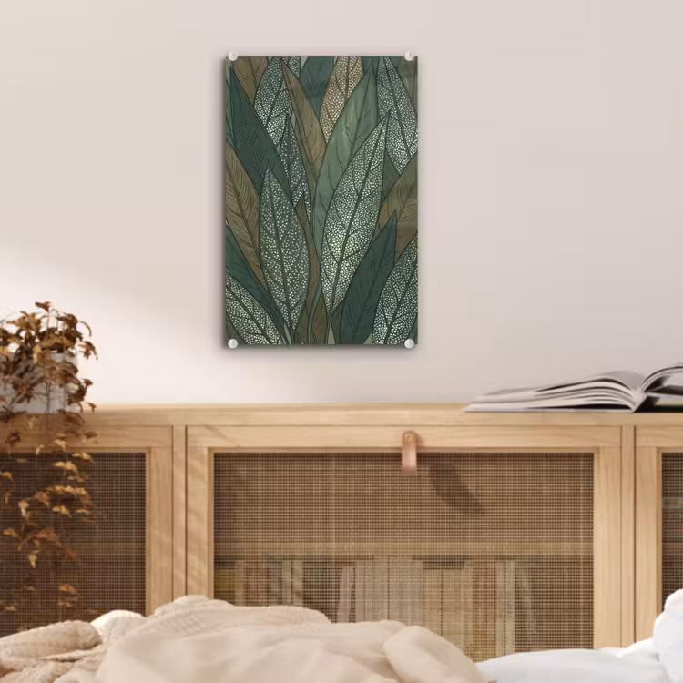 Glas schilderij - Bladeren - Patroon - Gestippeld - Natuur - Groen — 5