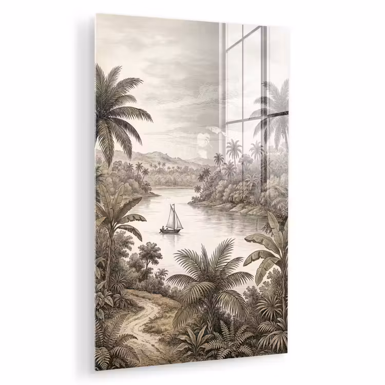 Glas schilderij - Landschap - Rivier - Boot - Tropisch - Vintage — 1