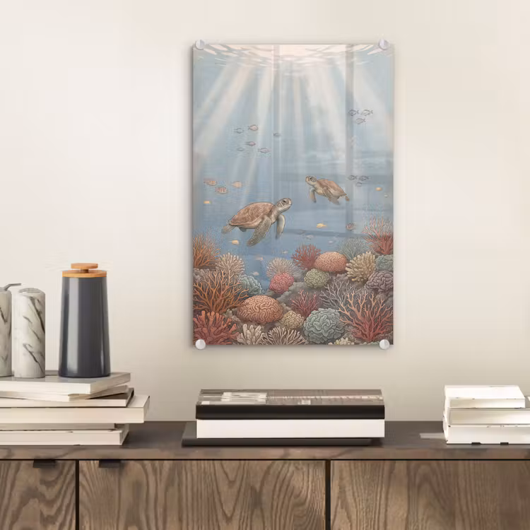 Glas schilderij - Schildpad - Onderwater - Natuur - Illustratie — 2