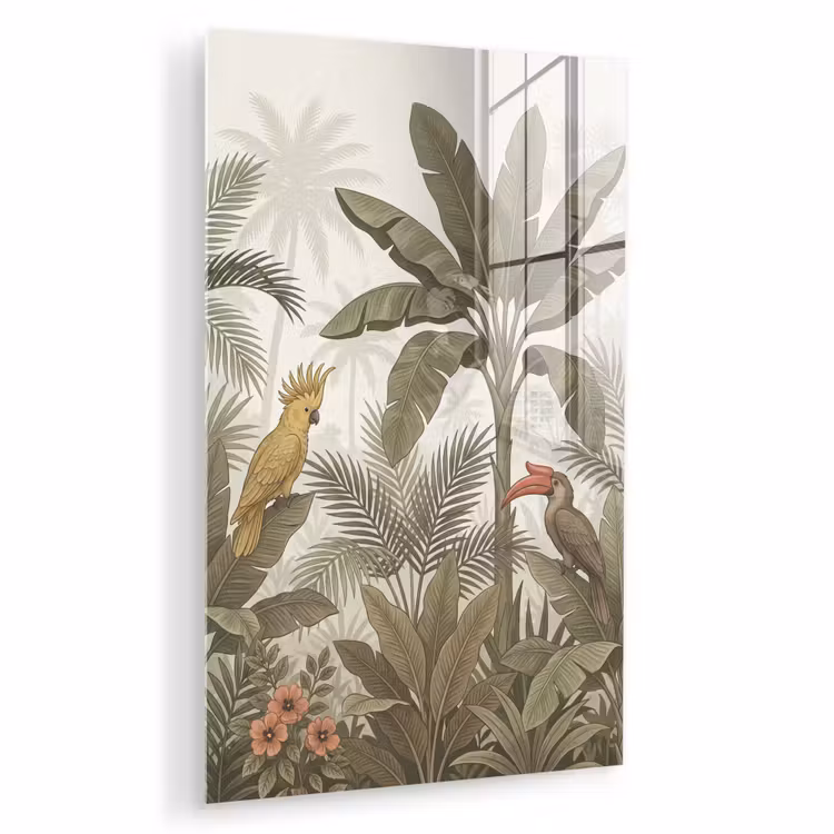 Glas schilderij - Vogel - Jungle - Tropisch - Illustratie - Groen — 1